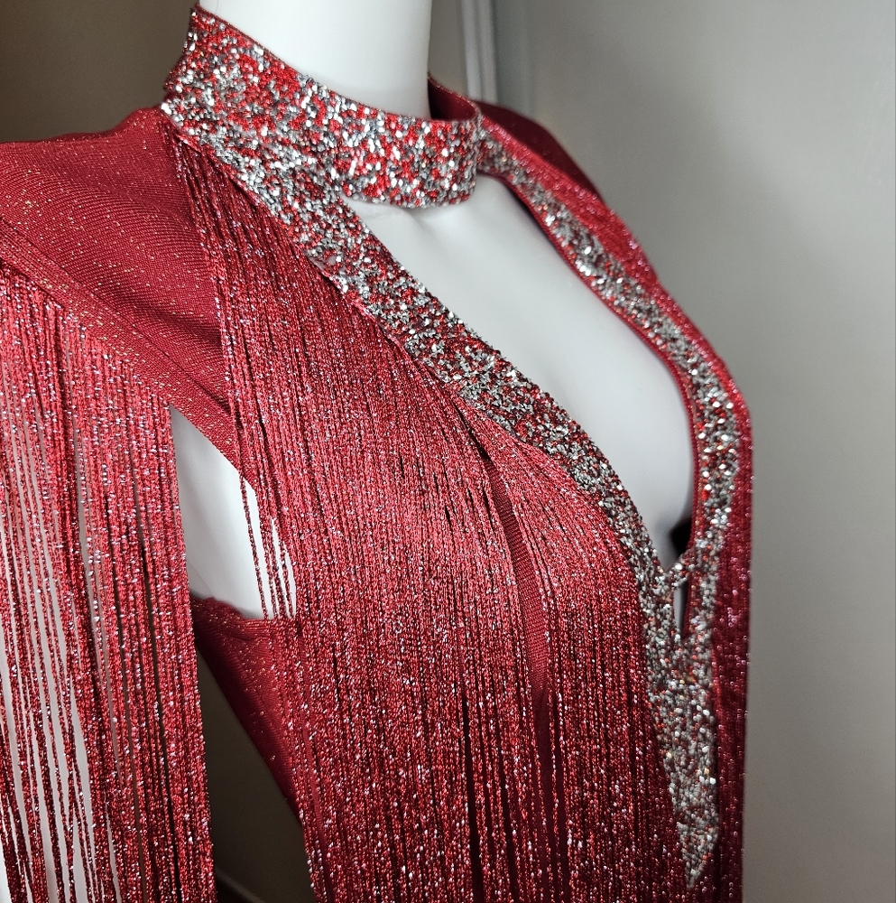 Anewsta Fringe Bodycon Evening Cocktail Dress Size S EU 36 US 4 Deep V Sparkle - Picture 6 of 16